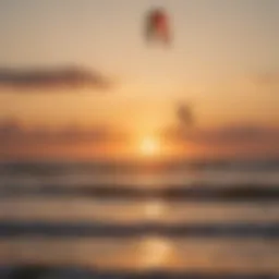 A picturesque kite surfing scene at sunset, showcasing vibrant kites against the sky