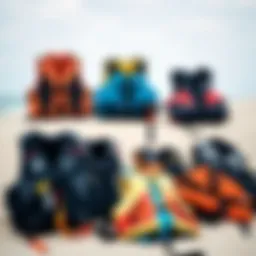Diverse types of kitesurfing life jackets displayed on a sandy beach
