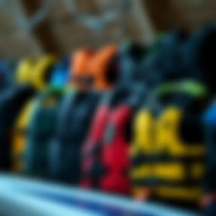 Various types of buoyancy vests displayed together, demonstrating options for different skill levels.