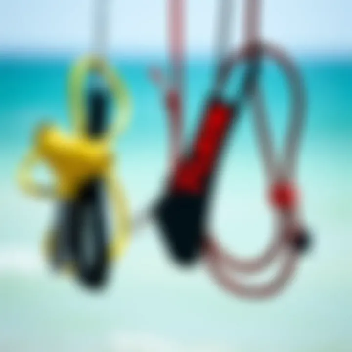 Various types of safety leashes for kiteboarding