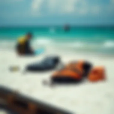 Preparing for Kitesurfing Safety at the Beach A serene beach setting with kitesurfing equipment laid out, emphasizing safety and preparation