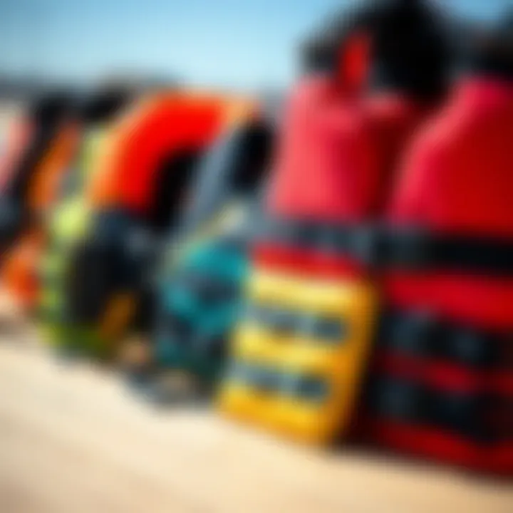 Types of Personal Flotation Devices Close-up of various types of personal flotation devices designed for water sports