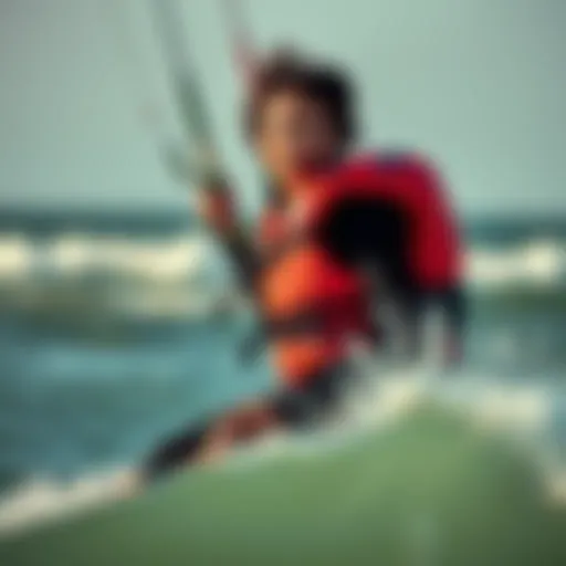 A vibrant kitesurfer wearing a bright personal flotation device against a scenic ocean backdrop