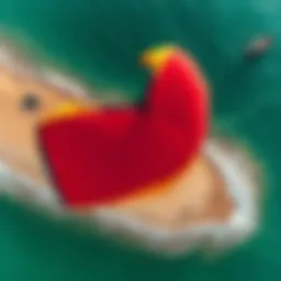 Aerial view of a large kite soaring over a vibrant beach