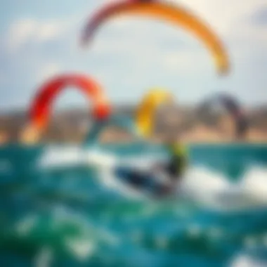 Kiteboarding Adventure with Big Kites A dynamic kiteboarding scene showcasing various large kites in action