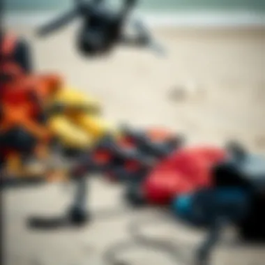 Safety gear and equipment laid out for kiteboarding