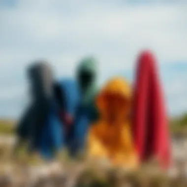 A collection of various hooded change towels designed for kiteboarding
