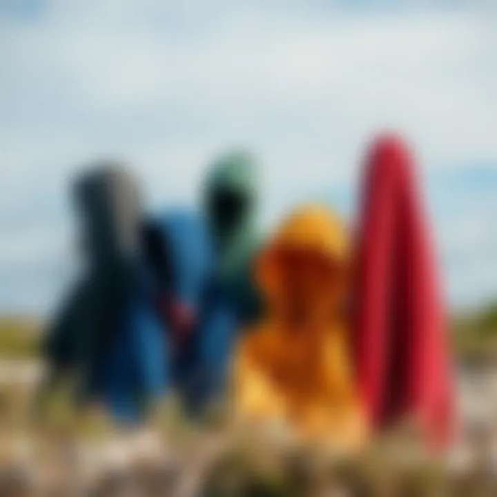 A collection of various hooded change towels designed for kiteboarding