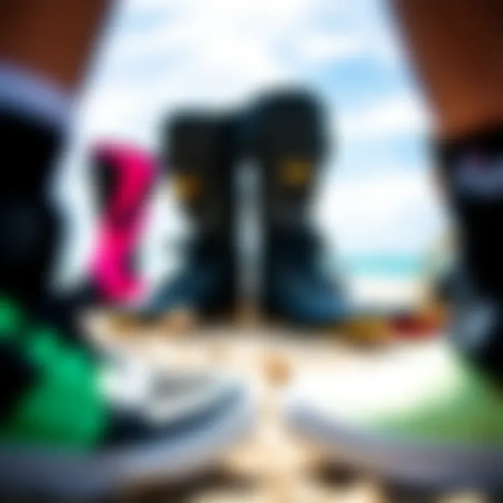 Comparison of Kiteboarding Booties Styles Various styles of kiteboarding booties arranged for comparison