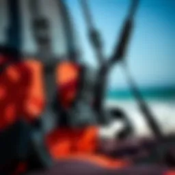 Close-up view of a kiteboarding seat harness showcasing its adjustable straps and padding.