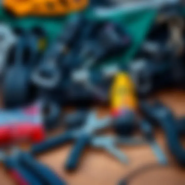 Essential Maintenance Tools for Kiteboarding Harness Care Maintenance tools and products laid out for care of kiteboarding harness equipment.