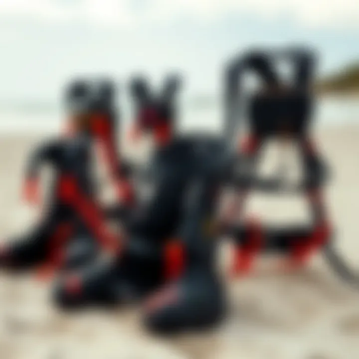 Variety of Kiteboarding Seat Harnesses in Coastal Setting Diverse types of kiteboarding seat harnesses displayed on a beach environment.