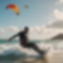 A dynamic kitesurfer gliding over waves with vibrant kites overhead
