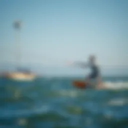 Kiteboarder navigating stickybumps on water surface