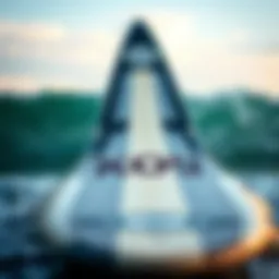 A detailed view of a hydrofoil surfboard showcasing its unique design and structure