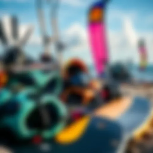 A vibrant kite surfing setup on the beach showcasing various gear