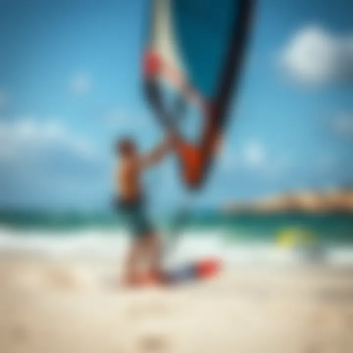 Kiteboarder effortlessly inflating a kite using the Eazy Pump on the beach