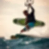 Kiteboarder executing a turbo sling technique on the water