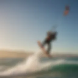 A kiteboarder expertly navigating the waves in Los Angeles with vibrant kites in the sky