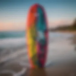 A vibrant used kiteboard showcasing its design and colors